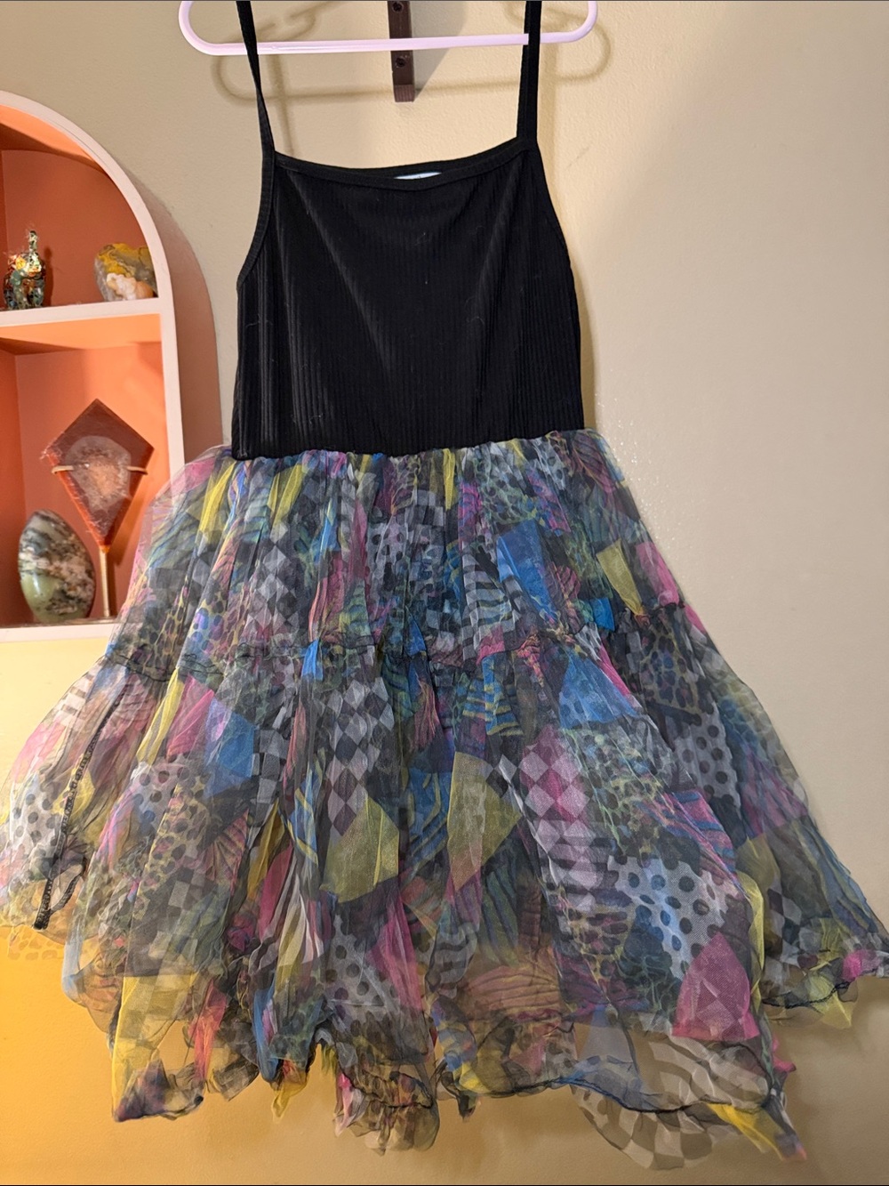 Girls Black Tank Top Dress with Multicolor Tulle Skirt